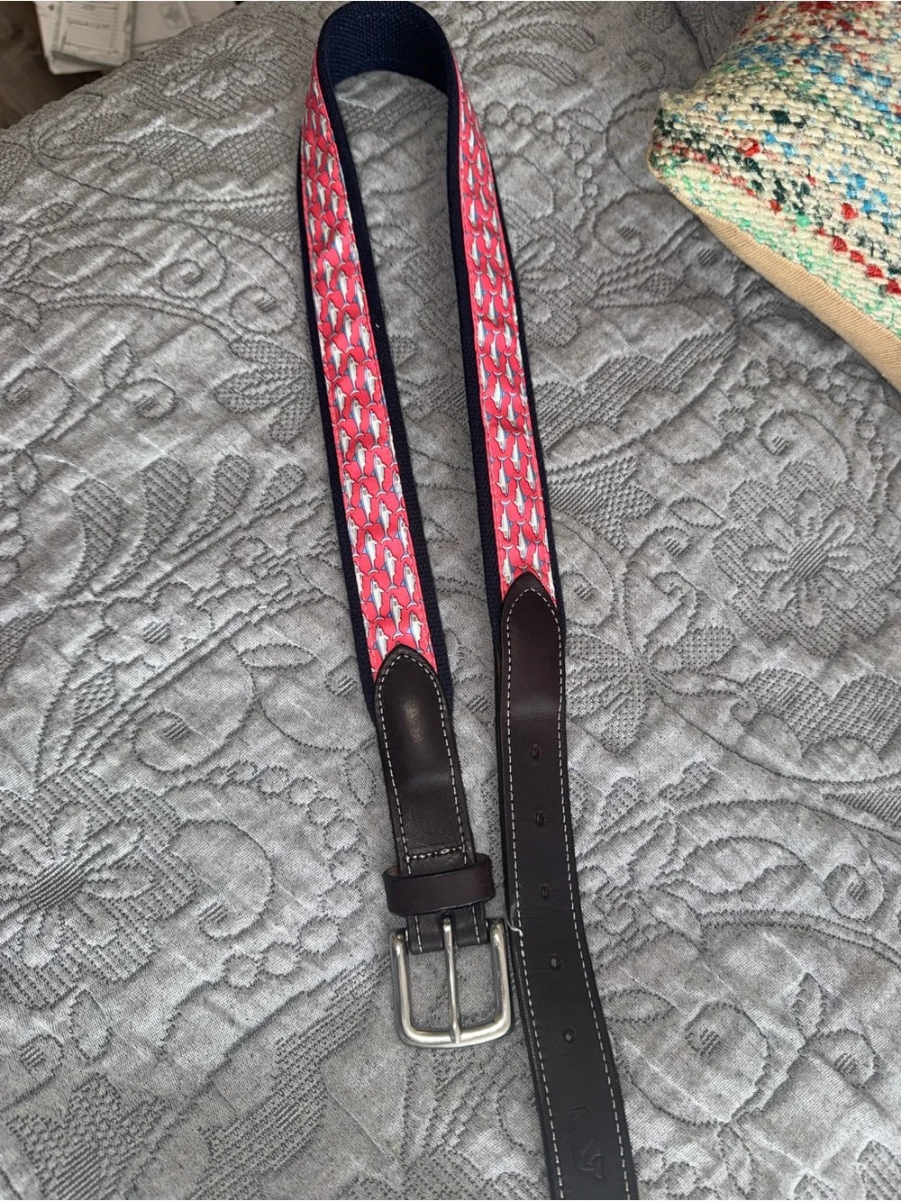 Vineyard Vines Great White Shark Fish Pattern  Belt Pink Blue 34 Leather Canvas